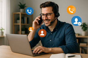Illustration of Entrepreneur managing multiple numbers in a Home office setup with headset setting, with a innovative mood.