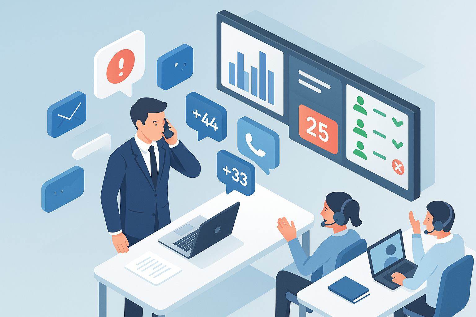 Illustration of Entrepreneur managing multiple numbers in a Call center with digital wallboards setting, with a determined mood.