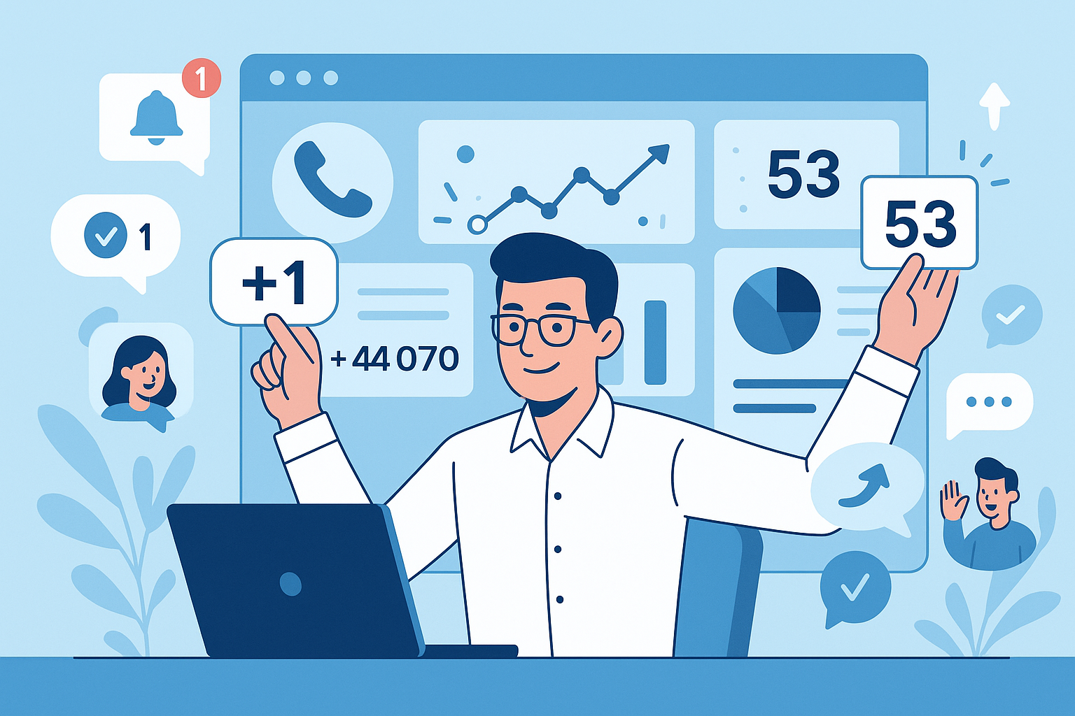 Illustration of Entrepreneur managing multiple numbers in a Dashboard with telecom metrics setting, with a innovative mood.