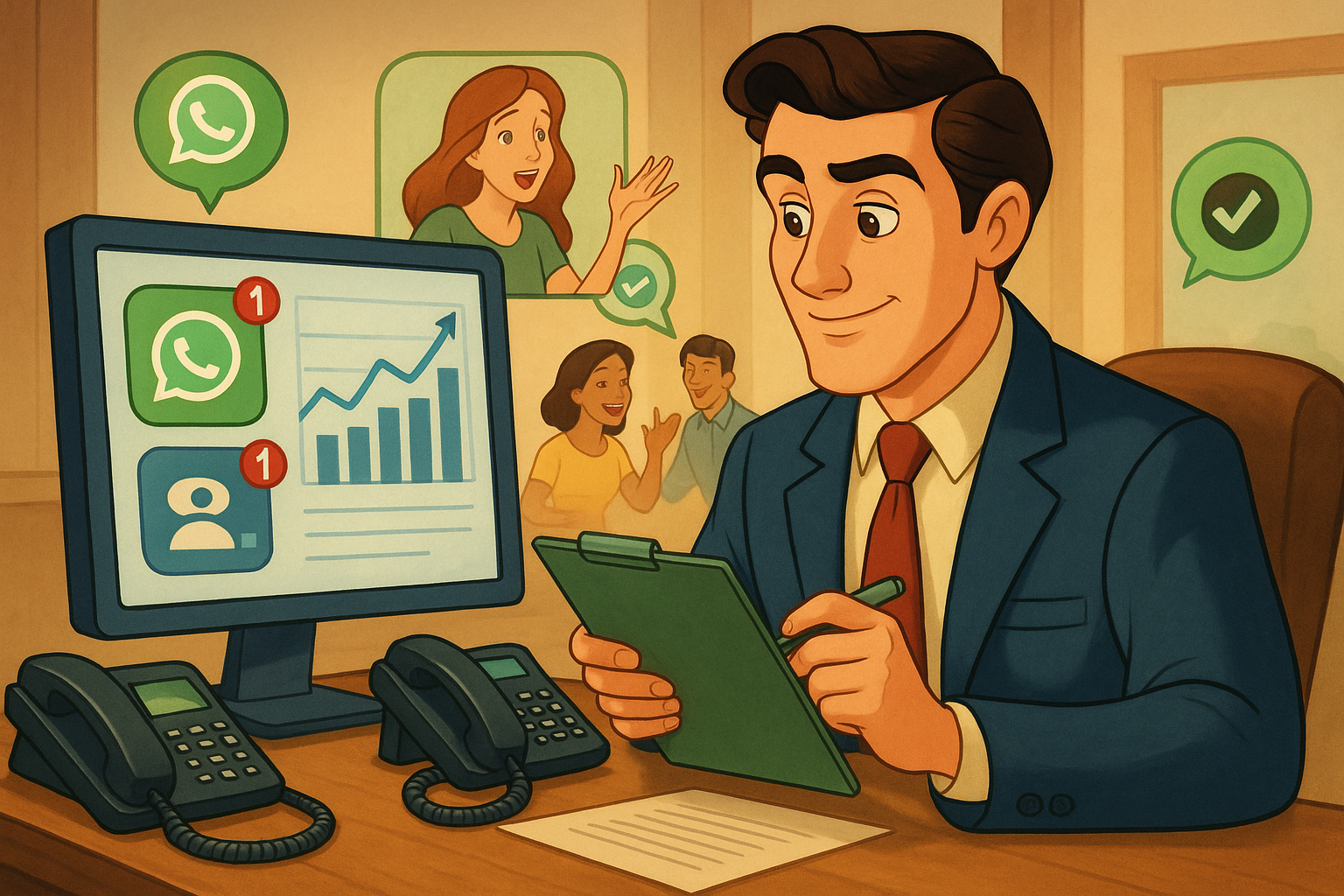 Illustration of Manager analyzing call reports in a Professional desk with phones setting, with a innovative mood.