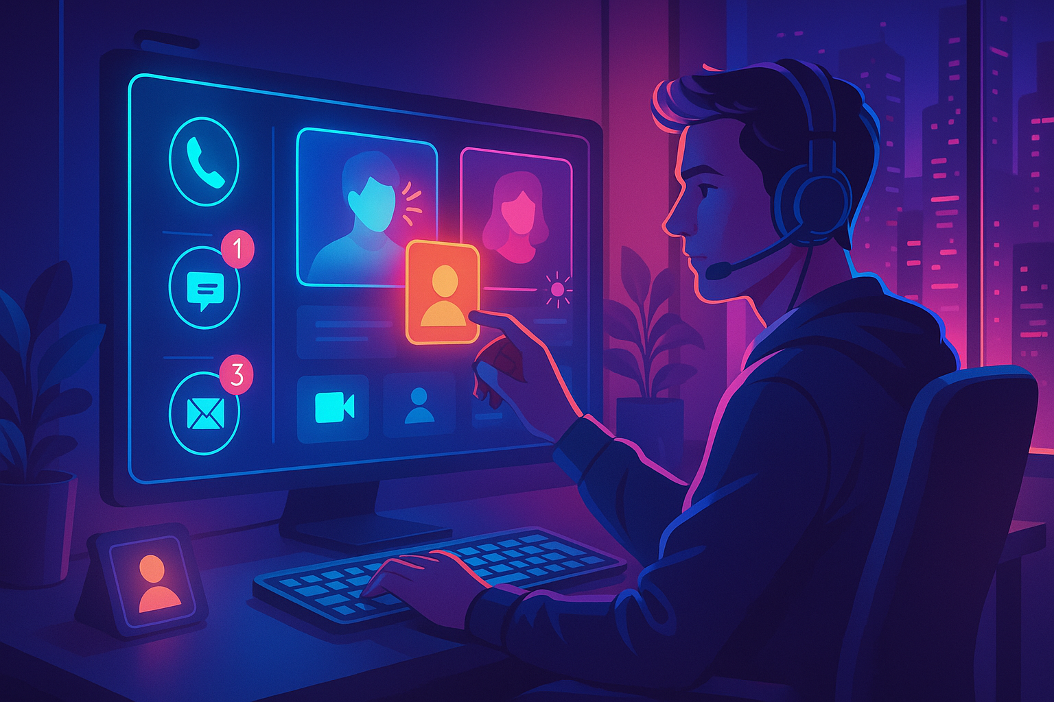 Illustration of User switching call profiles in a Home office setup with headset setting, with a in control mood.