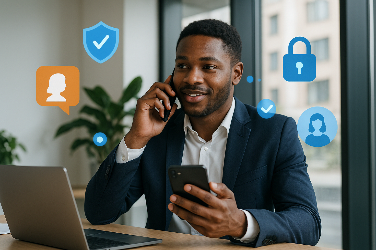 Illustration of Person making business calls on phone in a Modern office with mobile tech setting, with a empowered mood.