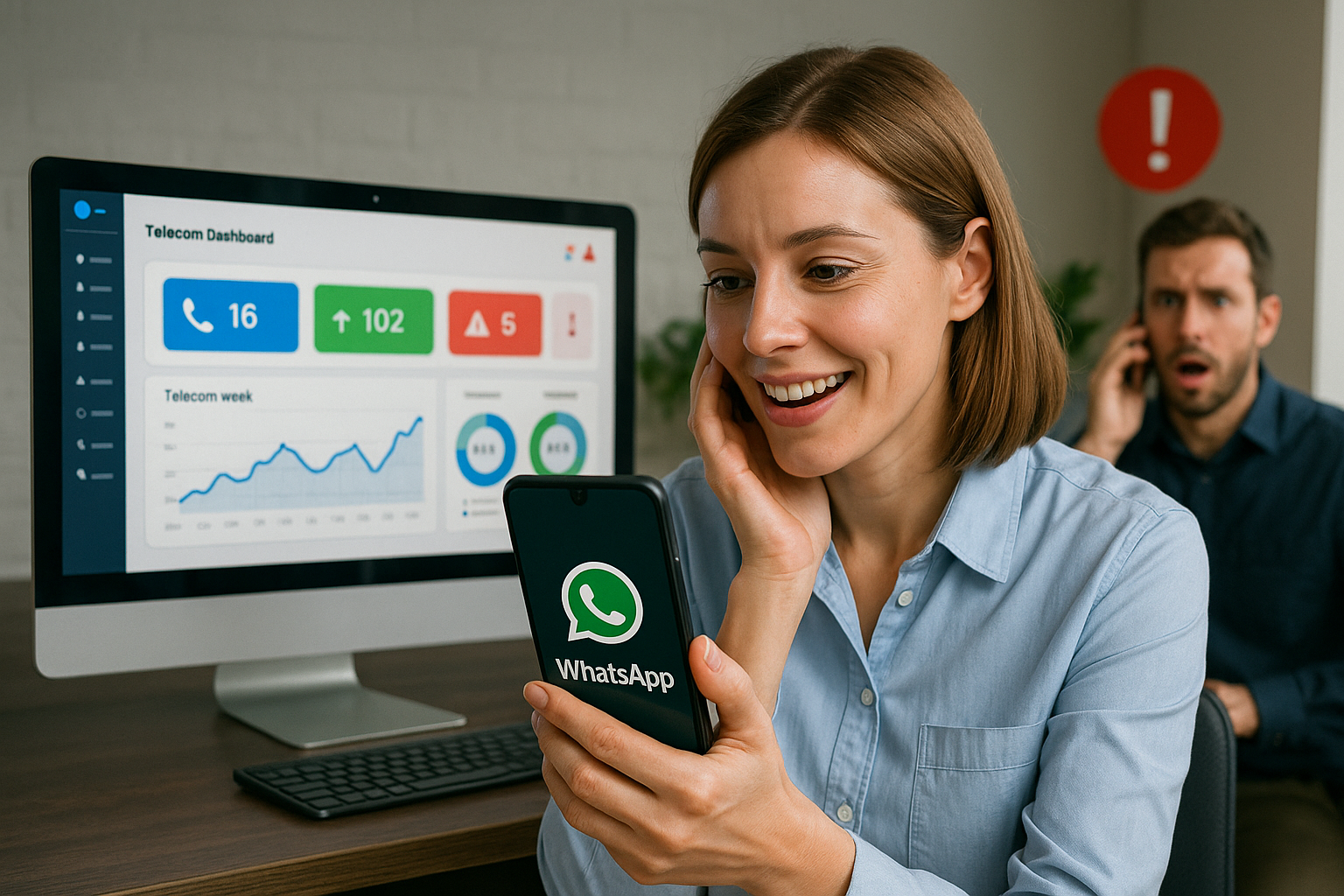 Illustration of Customer connecting via WhatsApp in a Dashboard with telecom metrics setting, with a alert mood.
