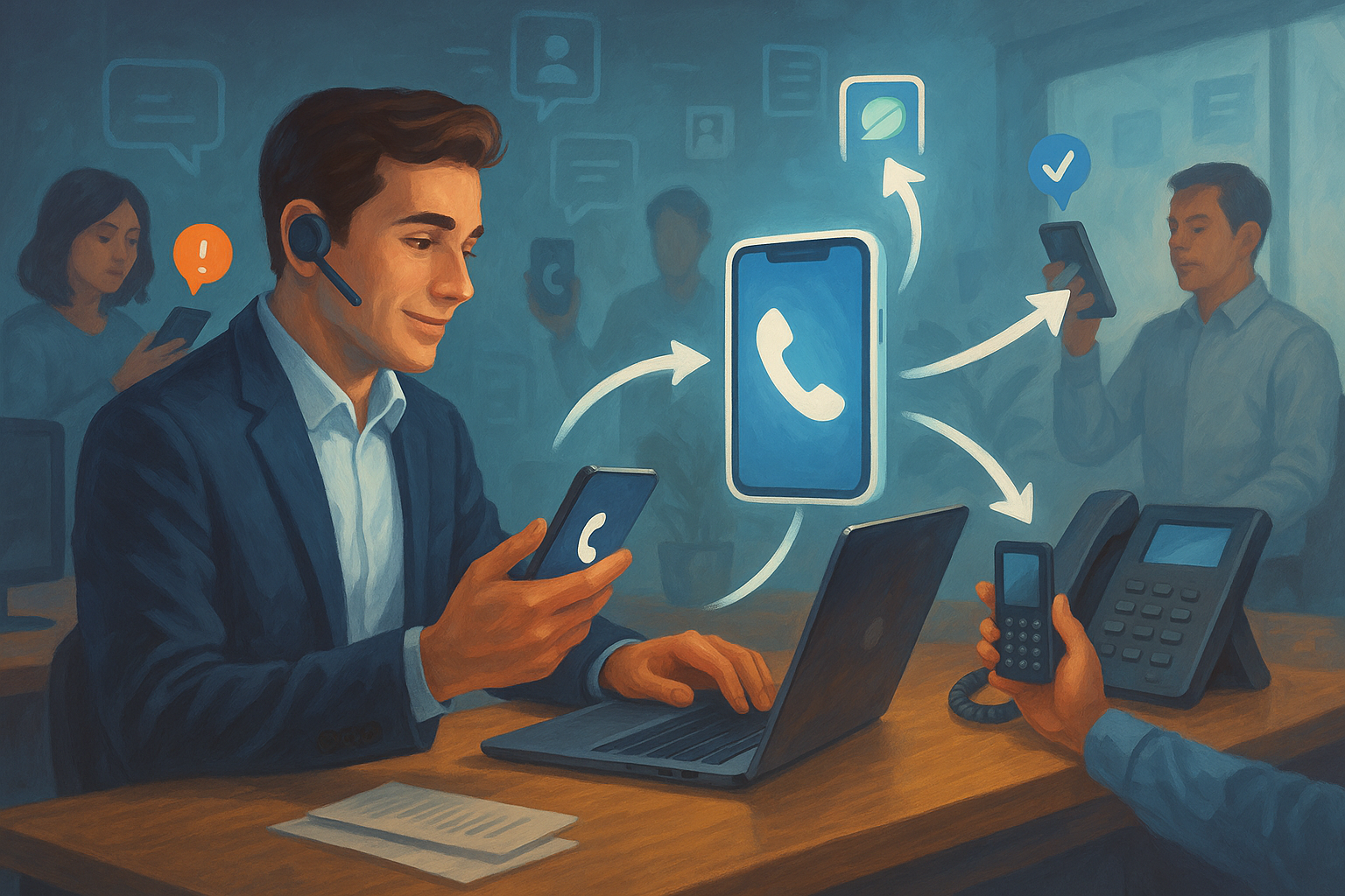 Illustration of Phone routing multiple devices in a Tech-themed workspace setting, with a innovative mood.