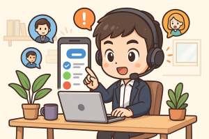 Illustration of User switching call profiles in a Home office setup with headset setting, with a alert mood.