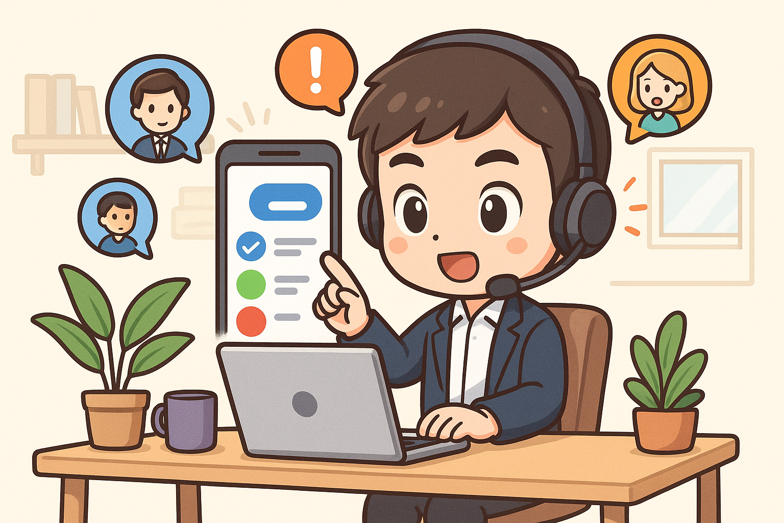 Illustration of User switching call profiles in a Home office setup with headset setting, with a alert mood.