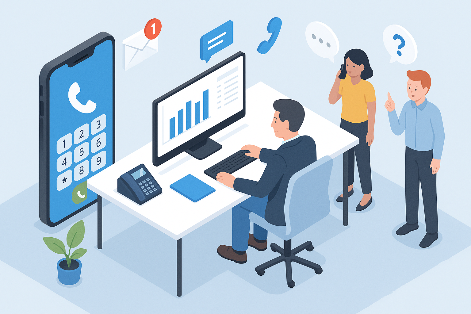 Illustration of Manager analyzing call reports in a Modern office with mobile tech setting, with a in control mood.