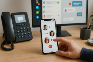 Illustration of User switching call profiles in a Professional desk with phones setting, with a inspired mood.