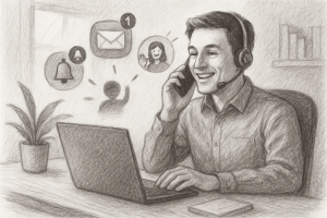 Illustration of Person making business calls on phone in a Home office setup with headset setting, with a empowered mood.
