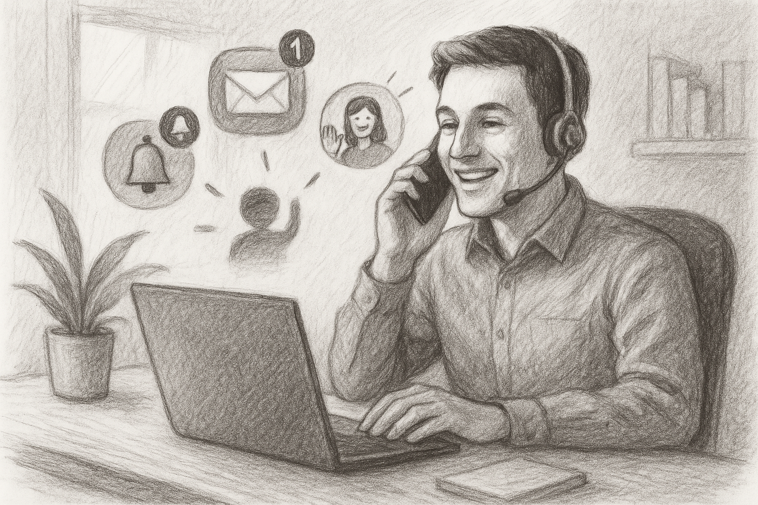 Illustration of Person making business calls on phone in a Home office setup with headset setting, with a empowered mood.