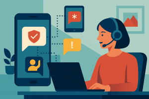 Illustration of Phone routing multiple devices in a Home office setup with headset setting, with a inspired mood.