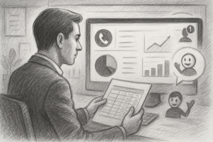 Illustration of Manager analyzing call reports in a Dashboard with telecom metrics setting, with a efficient mood.