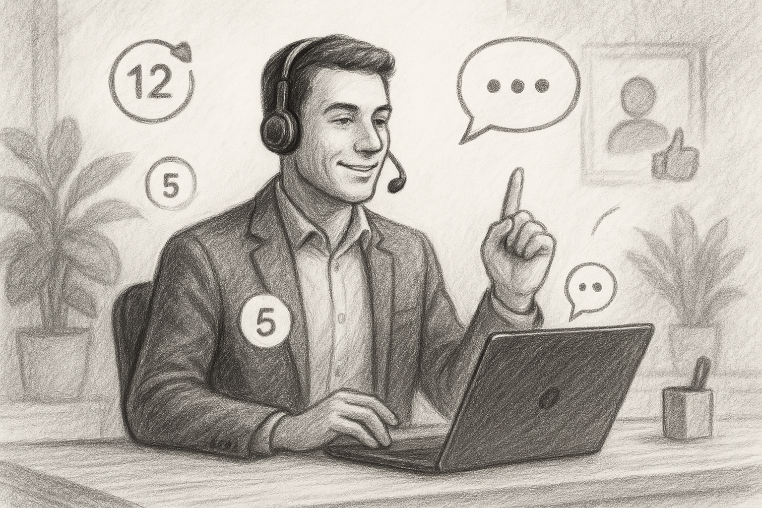 Illustration of Entrepreneur managing multiple numbers in a Home office setup with headset setting, with a confident mood.