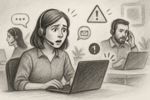 Illustration of Team using virtual PBX in a Home office setup with headset setting, with a alert mood.
