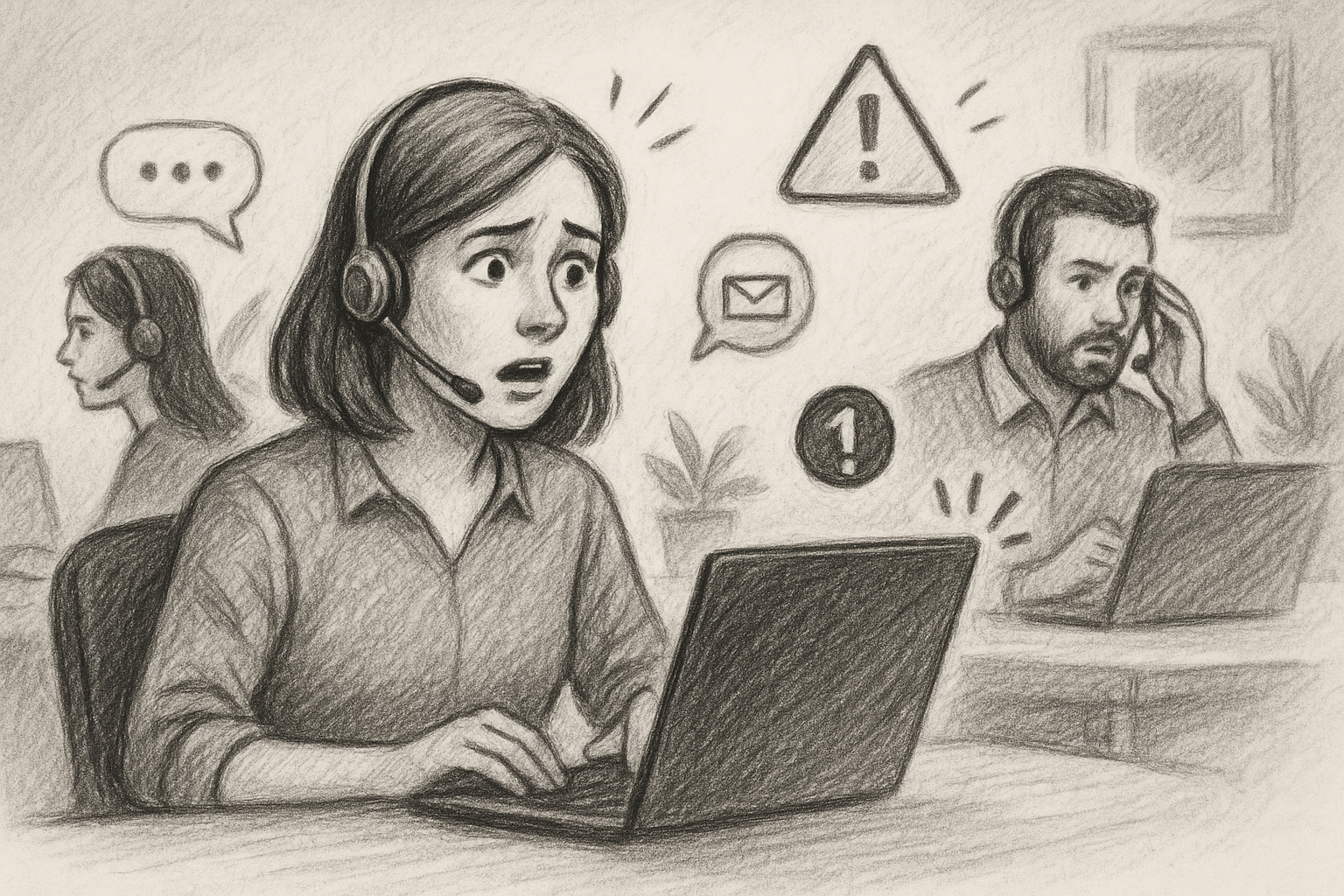 Illustration of Team using virtual PBX in a Home office setup with headset setting, with a alert mood.