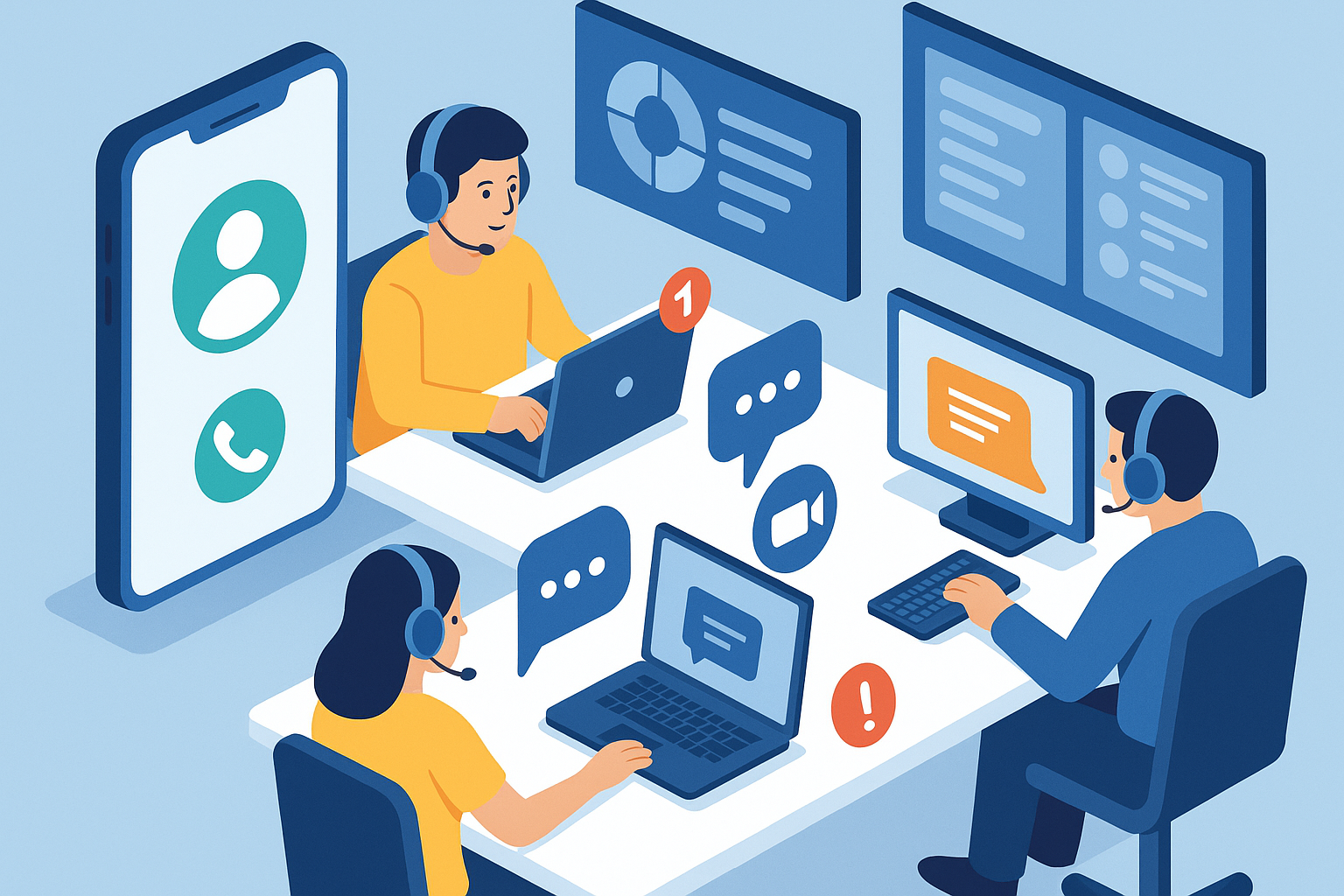 Illustration of Caller ID with mobile icons in a Call center with digital wallboards setting, with a focused mood.