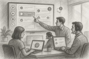 Illustration of Team using communication dashboard in a Modern office with mobile tech setting, with a focused mood.