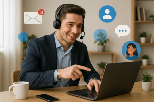 Illustration of Entrepreneur managing multiple numbers in a Home office setup with headset setting, with a confident mood.