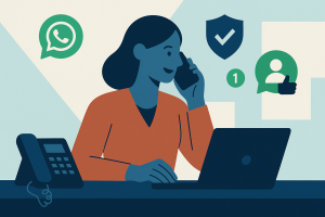 Illustration of Person making business calls on phone in a Professional desk with phones setting, with a inspired mood.