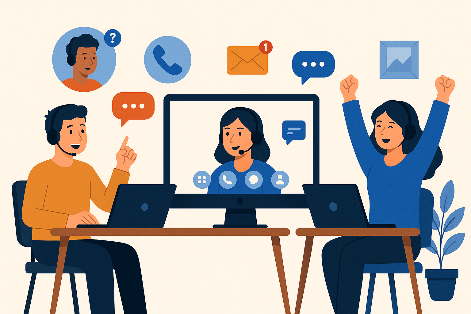 Illustration of Team using virtual PBX in a Home office setup with headset setting, with a inspired mood.