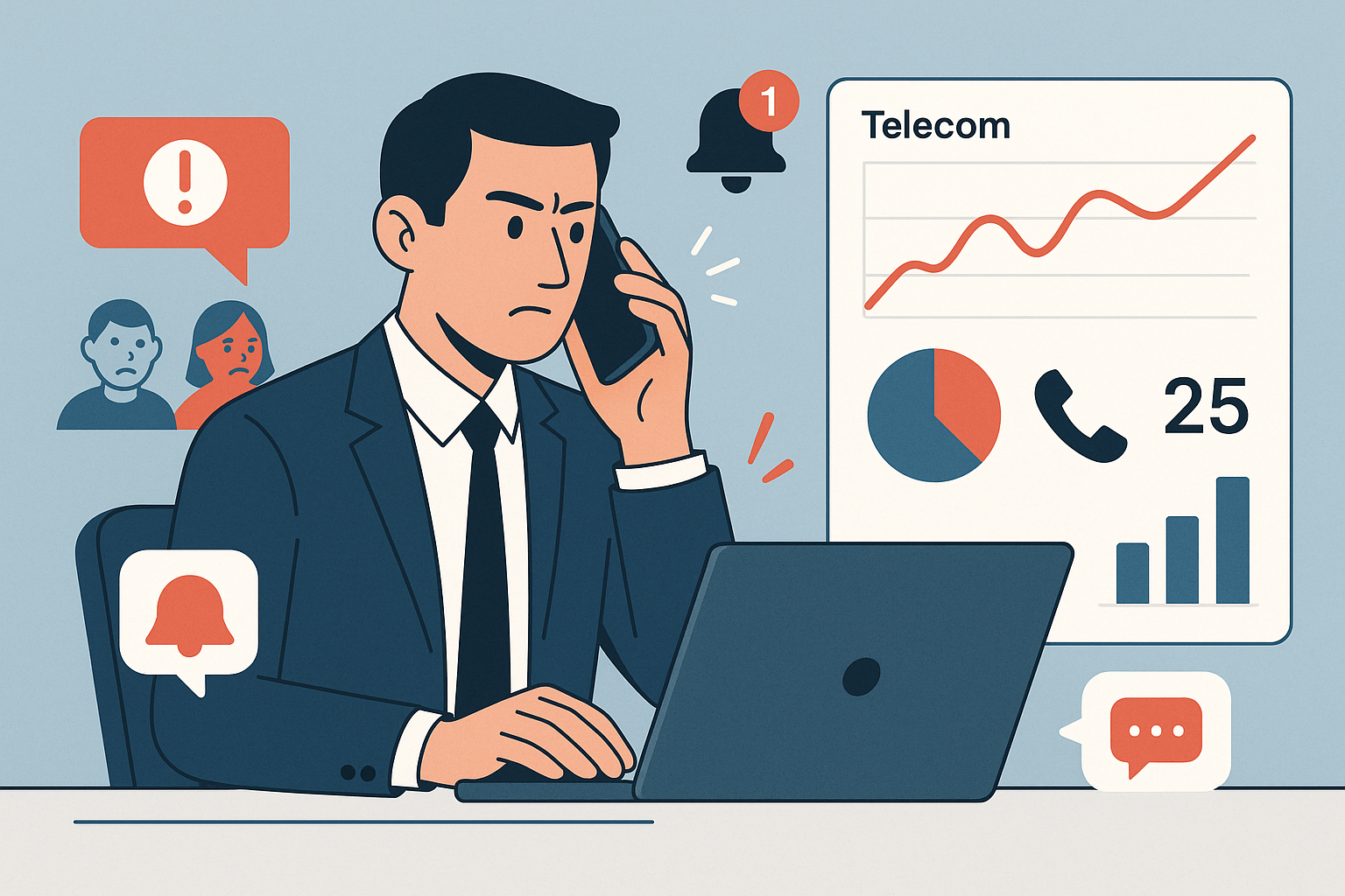 Illustration of Person making business calls on phone in a Dashboard with telecom metrics setting, with a focused mood.