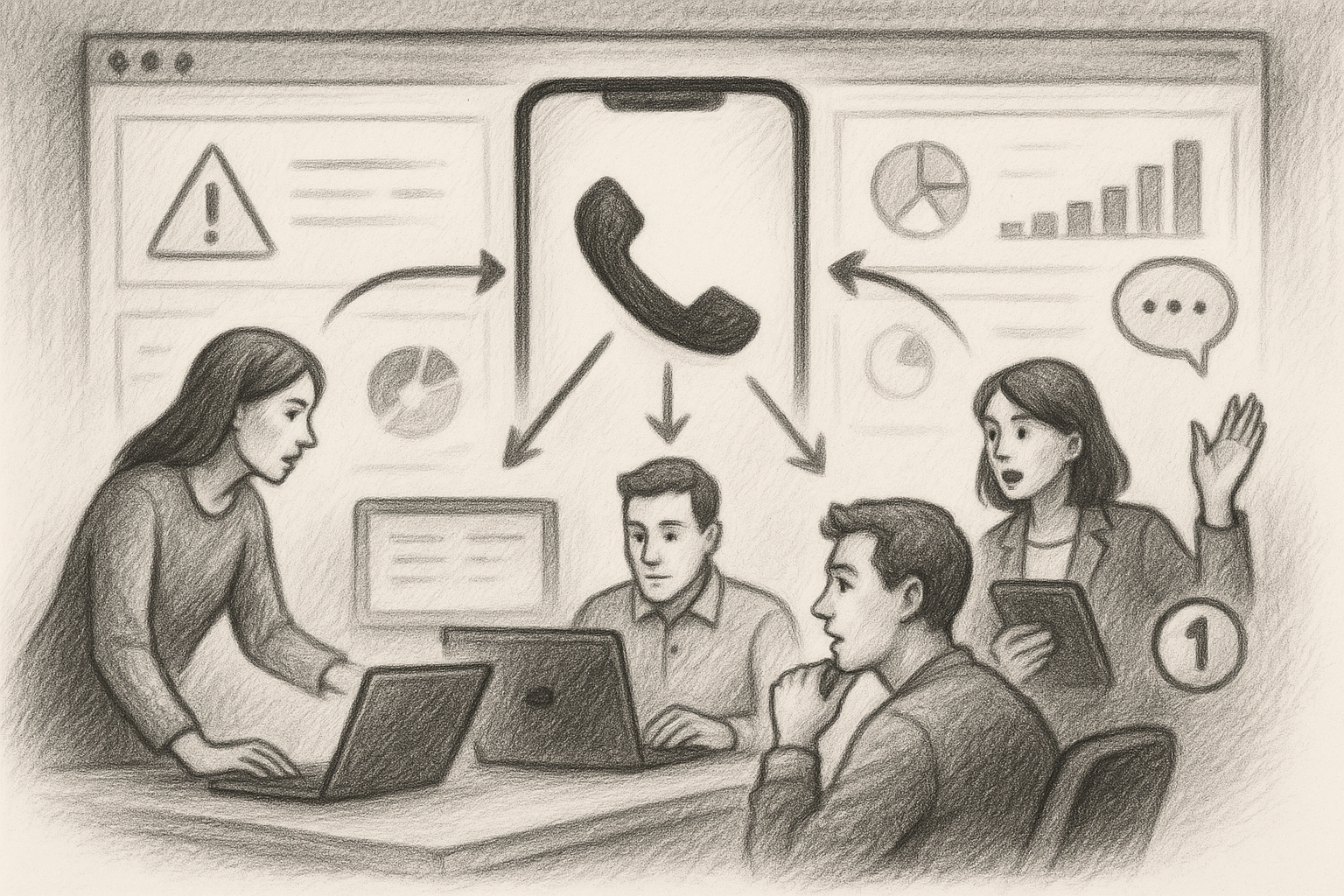 Illustration of Phone routing multiple devices in a Dashboard with telecom metrics setting, with a alert mood.