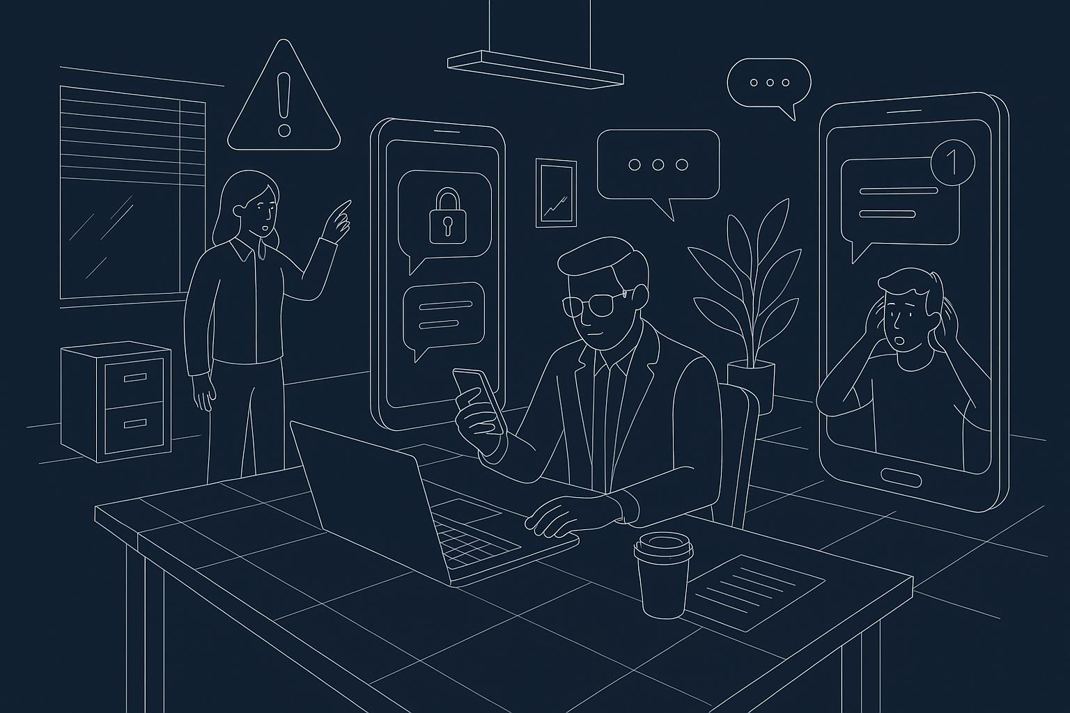 Illustration of Entrepreneur managing multiple numbers in a Modern office with mobile tech setting, with a alert mood.