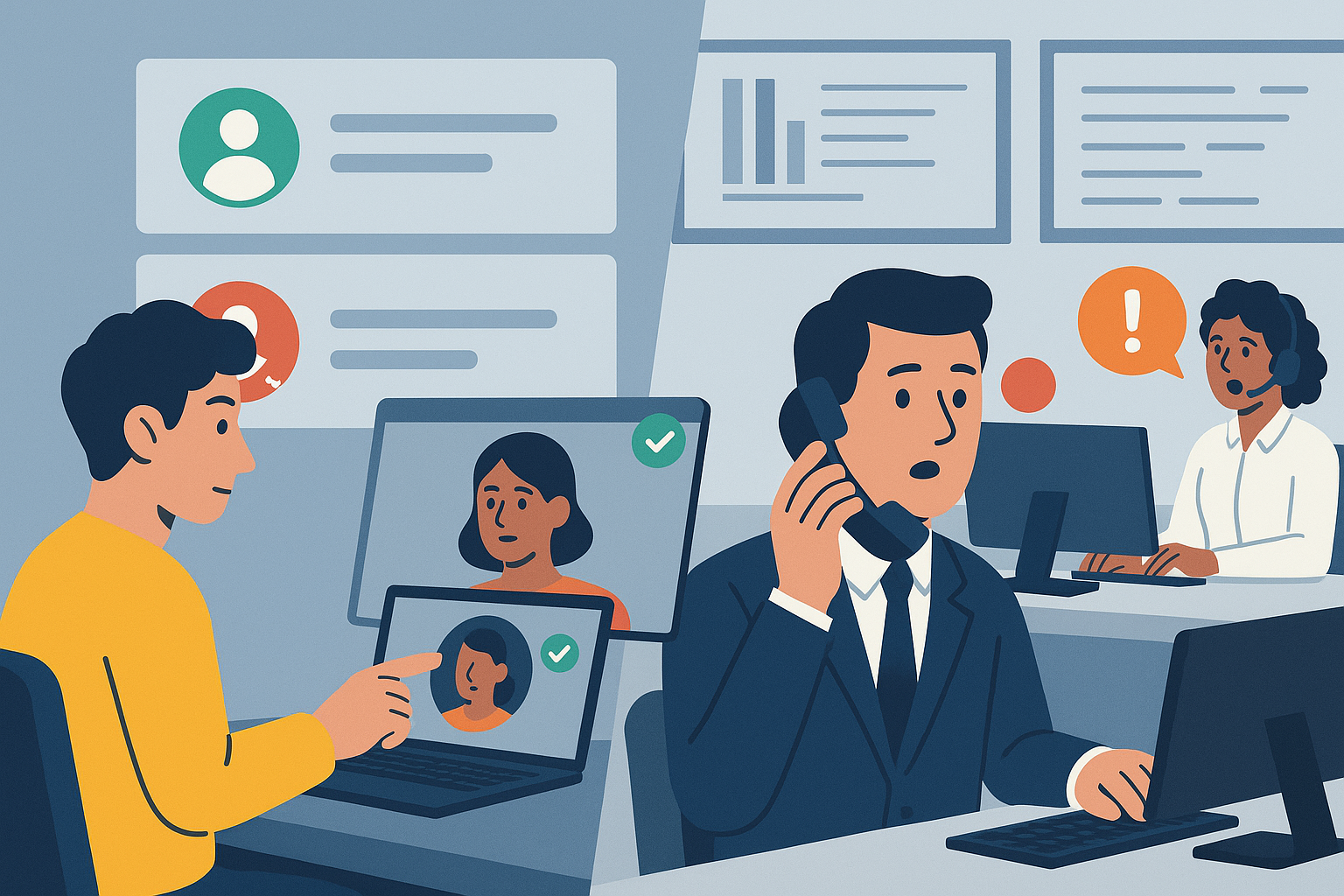 Illustration of User switching call profiles in a Call center with digital wallboards setting, with a professional mood.