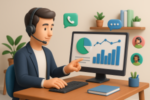 Illustration of Manager analyzing call reports in a Home office setup with headset setting, with a professional mood.
