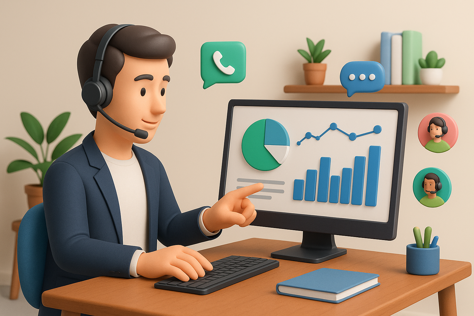 Illustration of Manager analyzing call reports in a Home office setup with headset setting, with a professional mood.