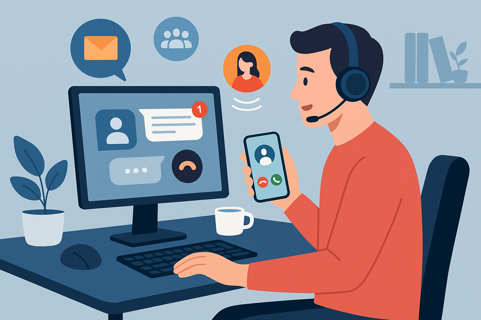 Illustration of Caller ID with mobile icons in a Home office setup with headset setting, with a innovative mood.