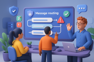 Illustration of Team using communication dashboard in a Tech-themed workspace setting, with a innovative mood.