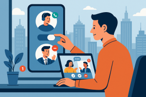 Illustration of User switching call profiles in a City skyline through office window setting, with a determined mood.