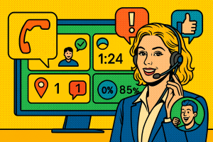 Illustration of Agent handling client calls in a Dashboard with telecom metrics setting, with a confident mood.