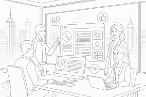 Illustration of Team using communication dashboard in a City skyline through office window setting, with a innovative mood.