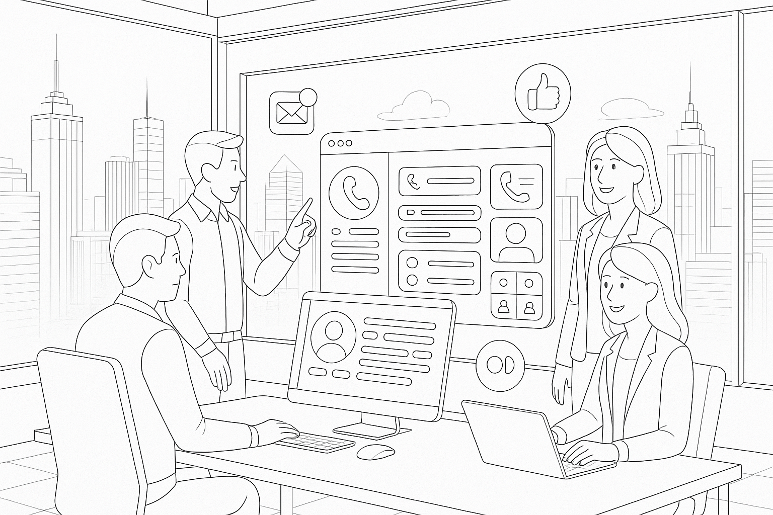 Illustration of Team using communication dashboard in a City skyline through office window setting, with a innovative mood.