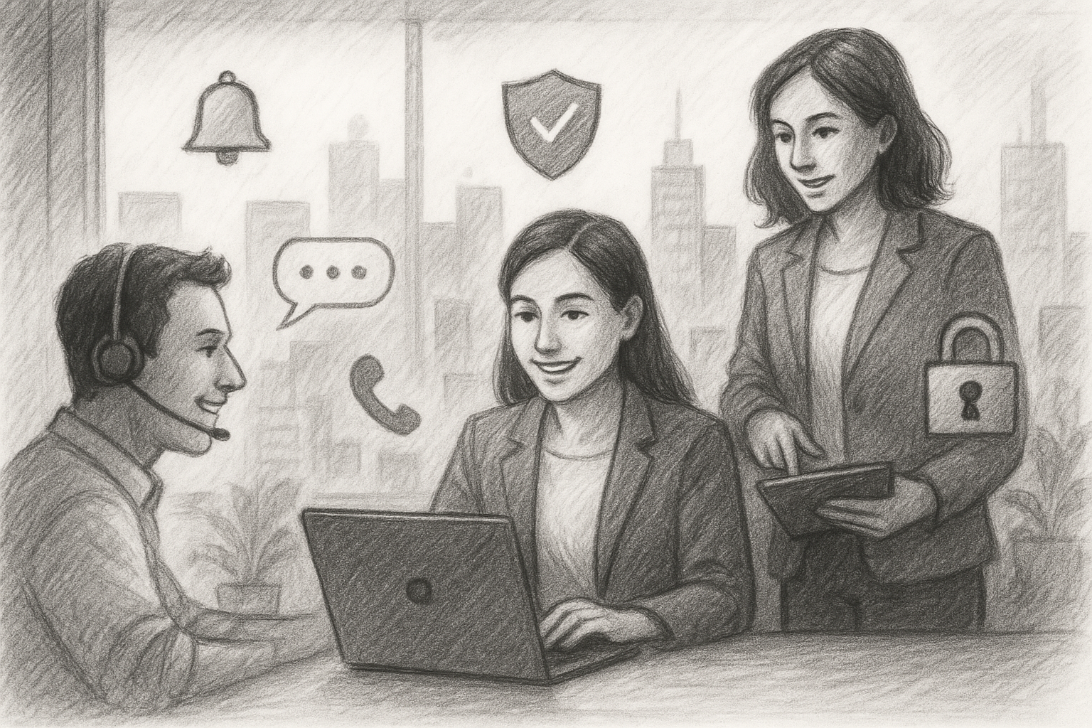 Illustration of Team using virtual PBX in a City skyline through office window setting, with a inspired mood.