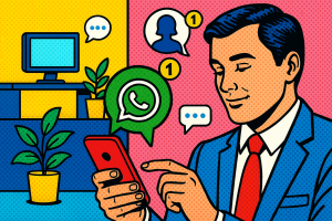 Illustration of Customer connecting via WhatsApp in a Modern office with mobile tech setting, with a professional mood.