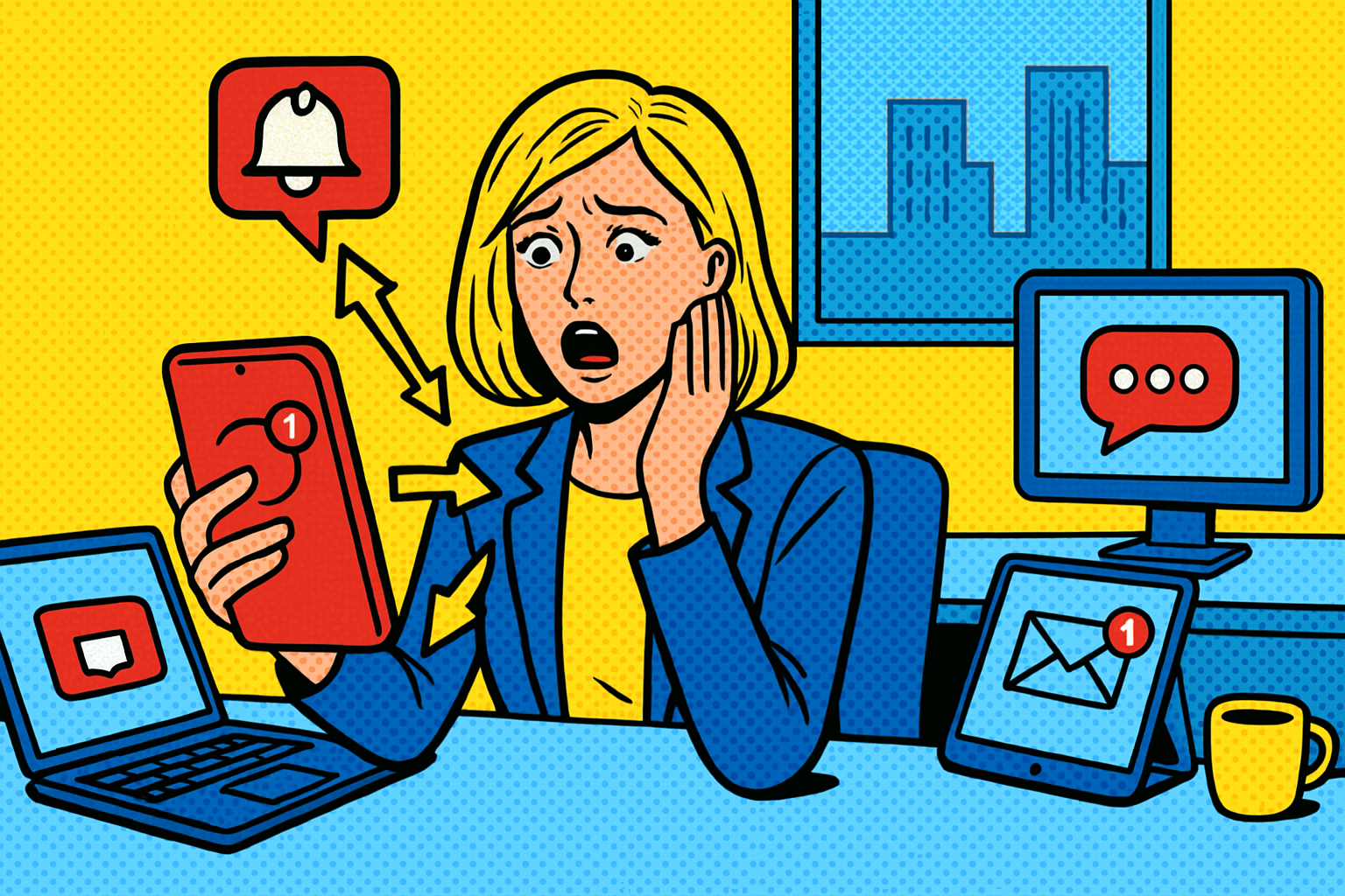 Illustration of Phone routing multiple devices in a Modern office with mobile tech setting, with a alert mood.