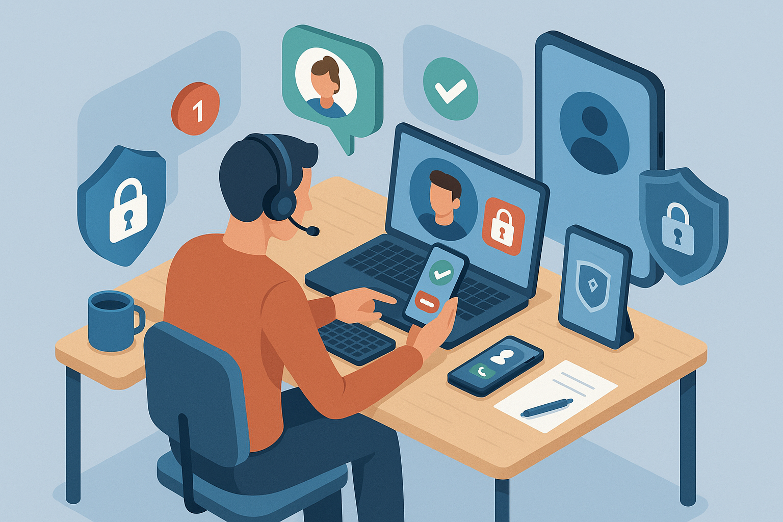 Illustration of User switching call profiles in a Home office setup with headset setting, with a efficient mood.