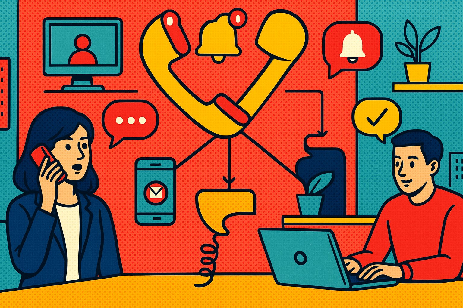 Illustration of Phone routing multiple devices in a Tech-themed workspace setting, with a professional mood.