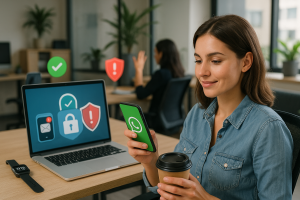 Illustration of Customer connecting via WhatsApp in a Modern office with mobile tech setting, with a in control mood.