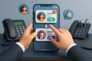 Illustration of User switching call profiles in a Professional desk with phones setting, with a focused mood.