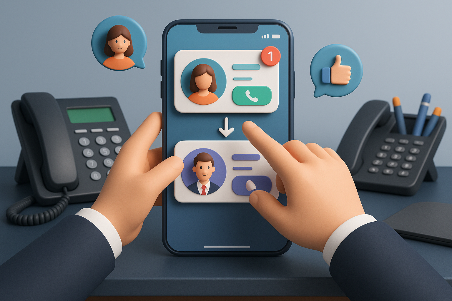 Illustration of User switching call profiles in a Professional desk with phones setting, with a focused mood.