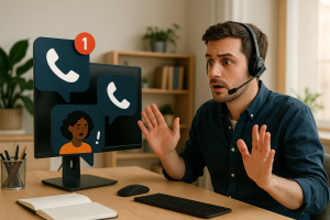 Illustration of Entrepreneur managing multiple numbers in a Home office setup with headset setting, with a alert mood.