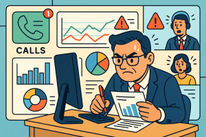 Illustration of Manager analyzing call reports in a Dashboard with telecom metrics setting, with a determined mood.