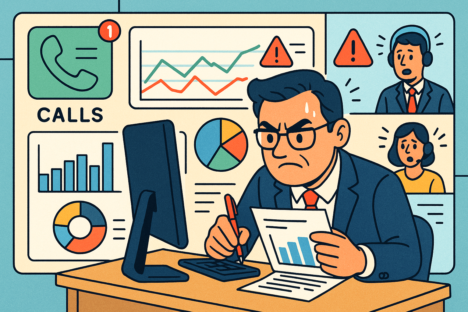 Illustration of Manager analyzing call reports in a Dashboard with telecom metrics setting, with a determined mood.