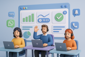Illustration of Team using virtual PBX in a Dashboard with telecom metrics setting, with a innovative mood.