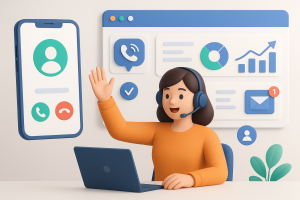 Illustration of Caller ID with mobile icons in a Dashboard with telecom metrics setting, with a empowered mood.
