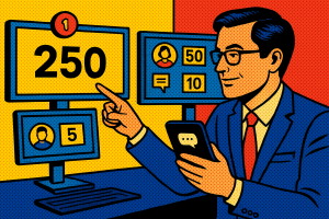 Illustration of Entrepreneur managing multiple numbers in a Virtual command center setting, with a in control mood.